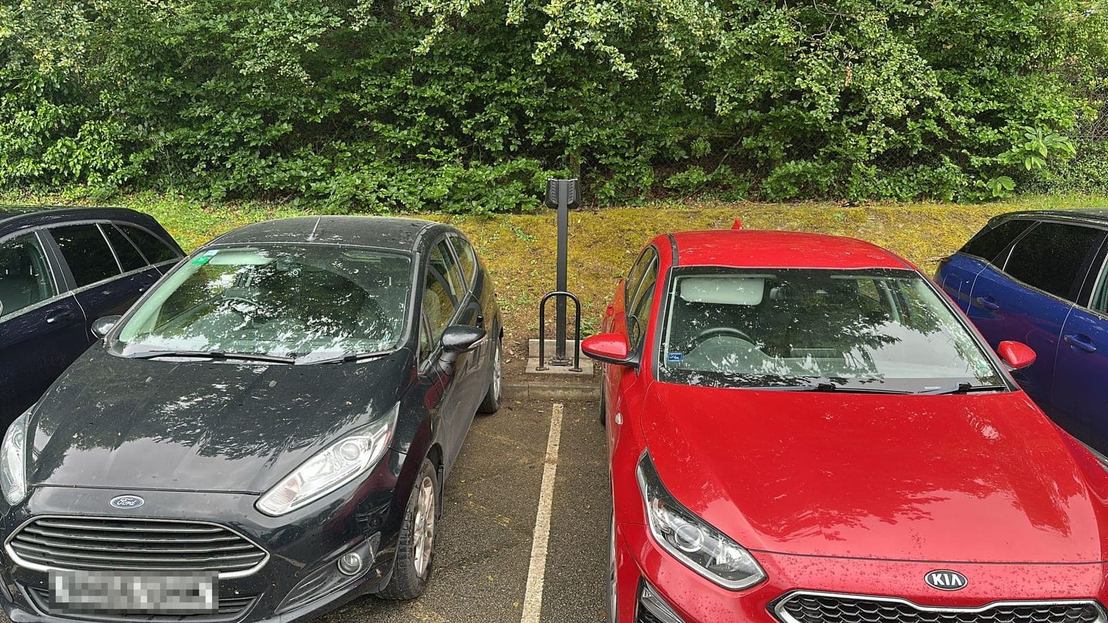 A charger set back against the hedge, serving bays on both sides